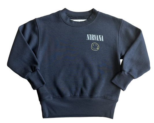 Navy blue crewneck with 'Nirvana' logo on a white background