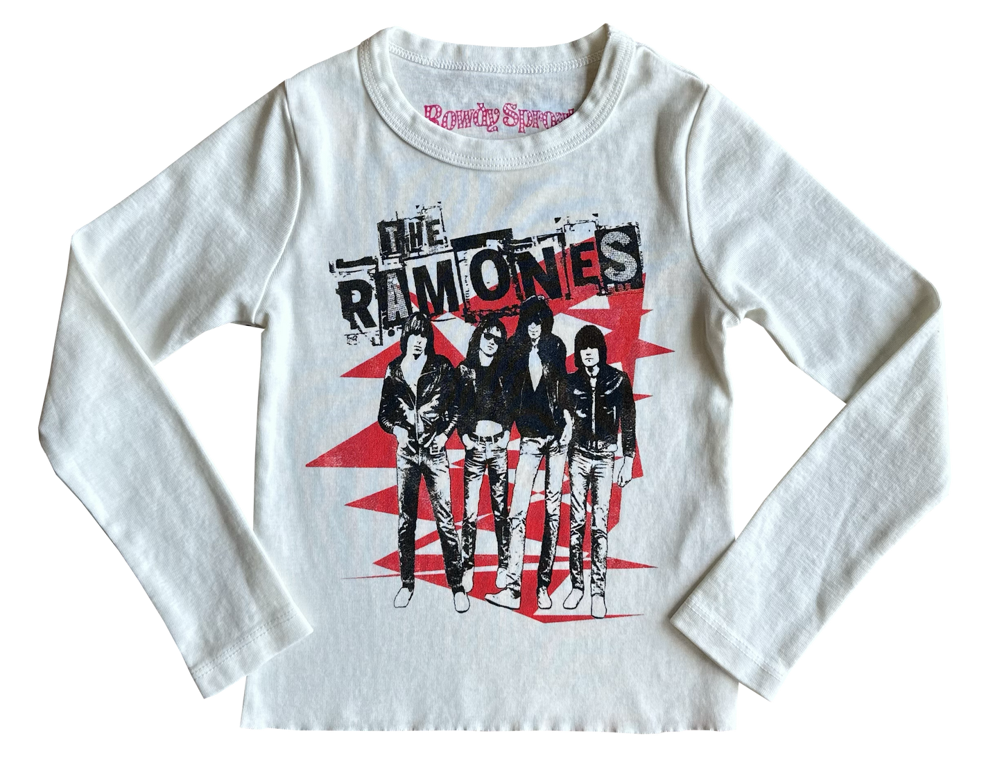 White long-sleeve shirt with 'The Ramones' graphic design 