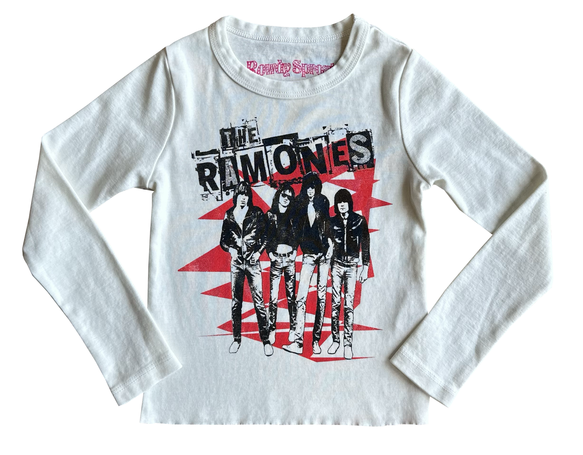 White long-sleeve shirt with 'The Ramones' graphic design 