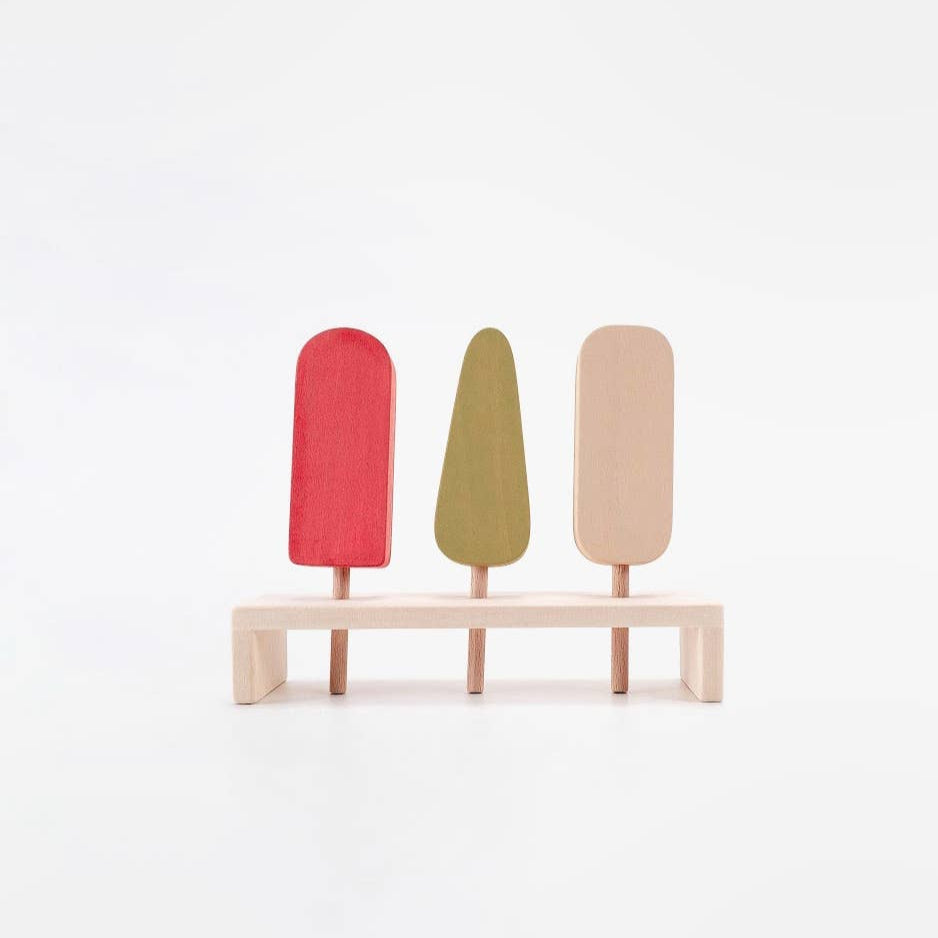 set of three toy melon ice cream bars with wooden stand