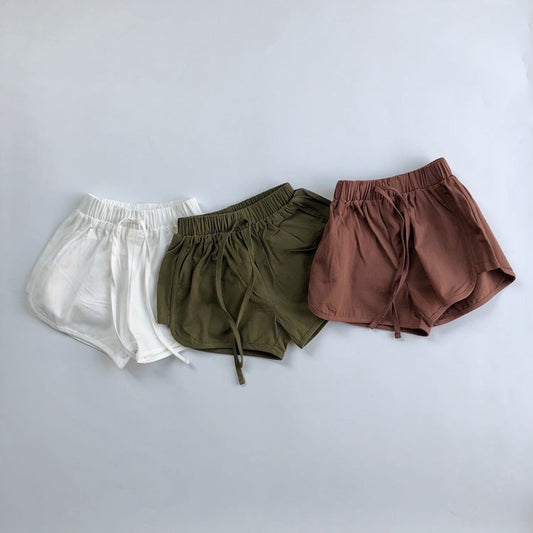 natural, olive green, clay organic kids shorts