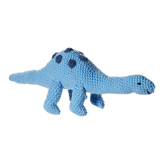 Blue knitted dinosaur rattle on a white background