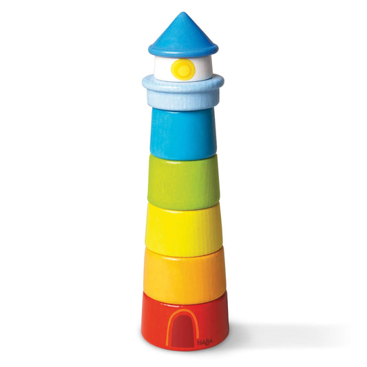 Stacking toy with colorful rings on a white background