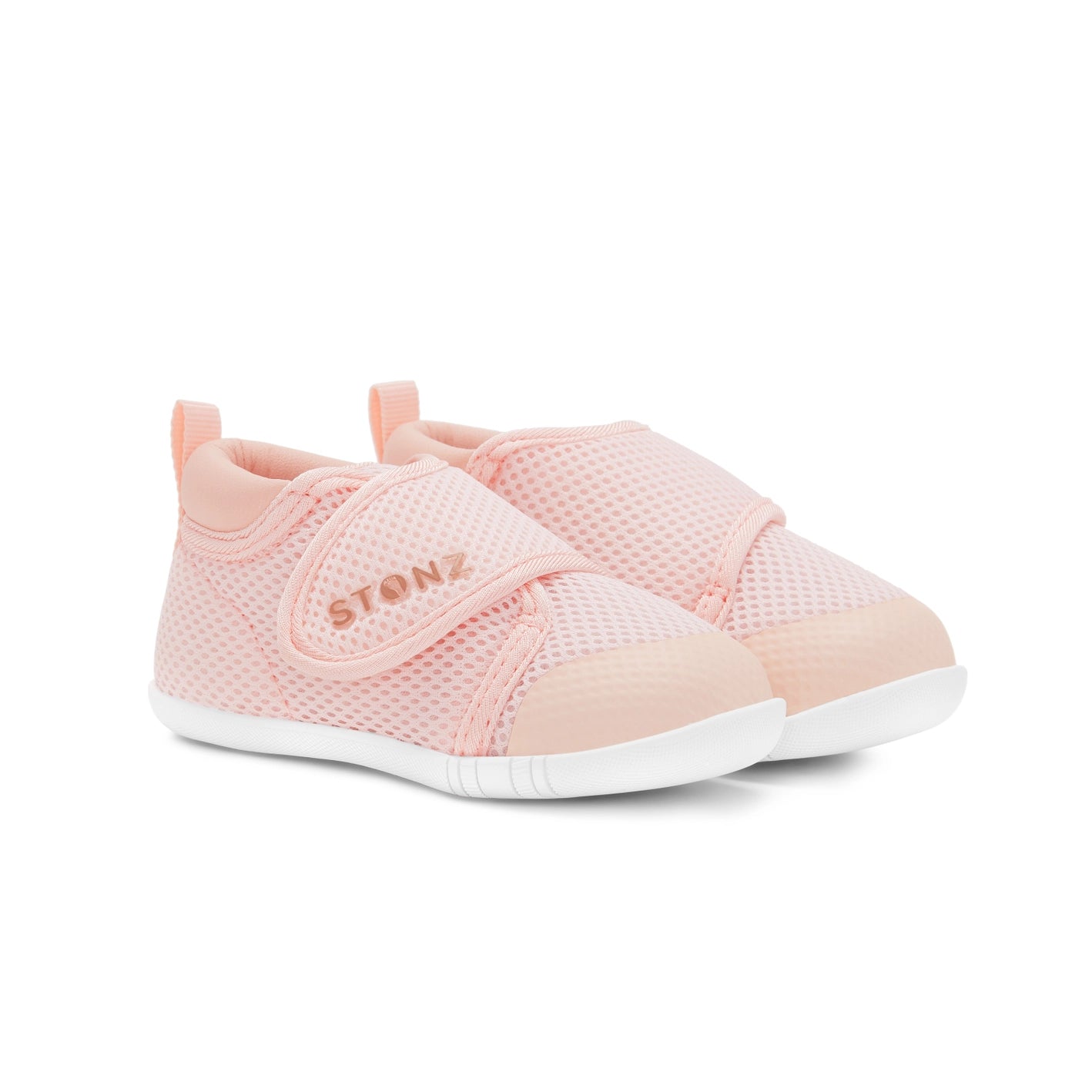 Pair of pink baby shoes with 'STONZ' branding on a white background