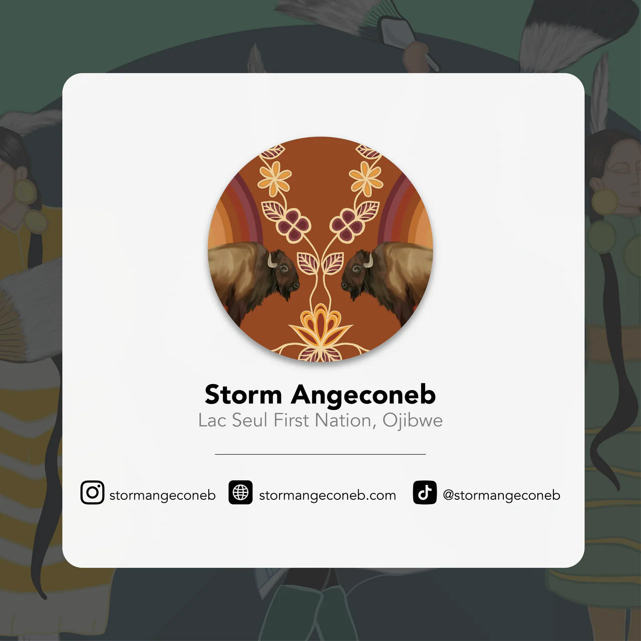 Profile card of Storm Angeconeb with a decorative design on a blurred background