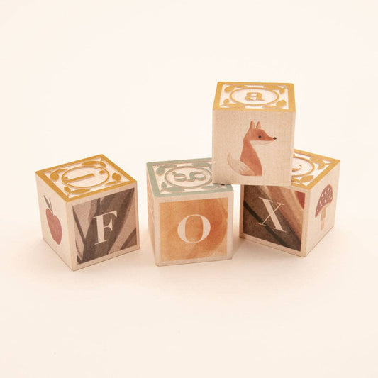 Wooden blocks with animal illustrations and letters on a white background