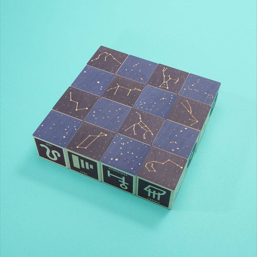 Box with zodiac constellation designs on a teal background