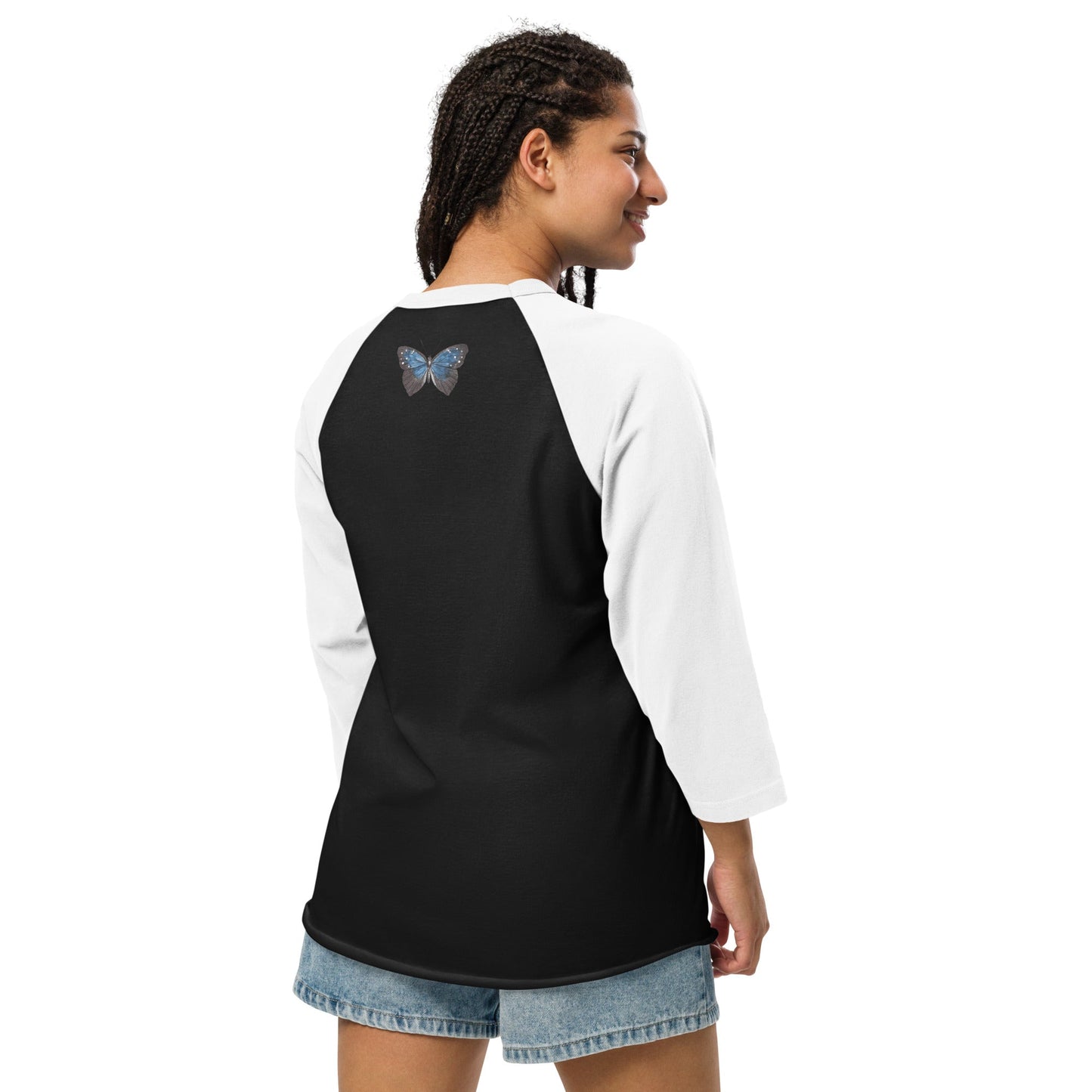 Two Owls Black/Blue Butterfly 3/4 sleeve raglan shirt