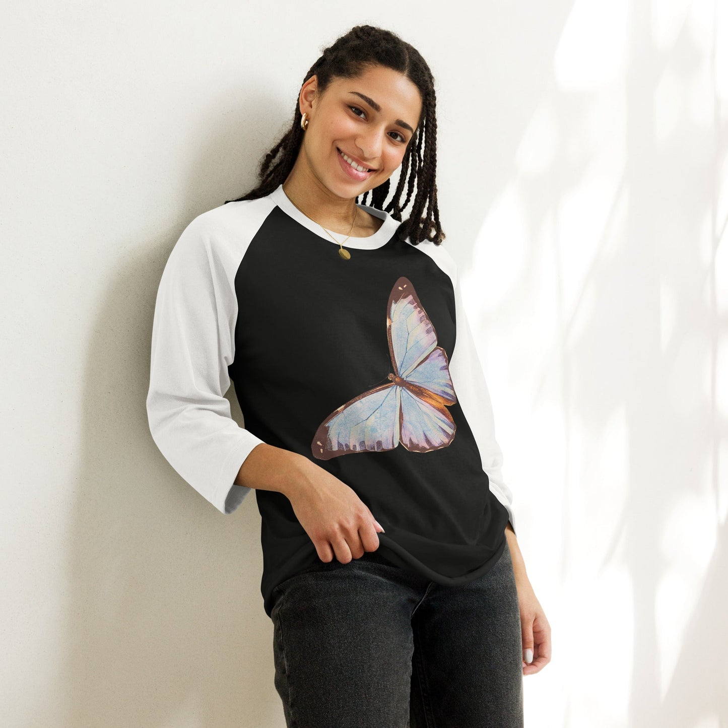 Two Owls Lt Blue Butterfly 3/4 sleeve raglan shirt