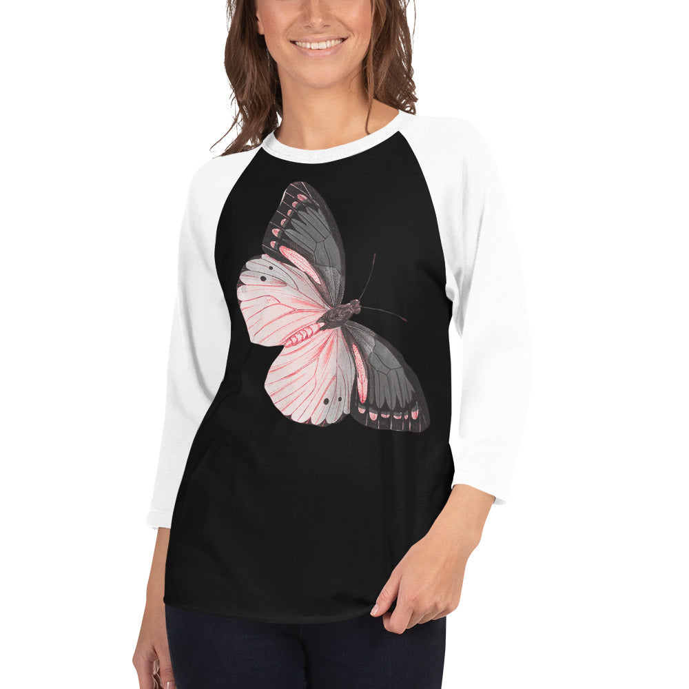 Two Owls Black/Pink Butterfly 3/4 sleeve raglan shirt