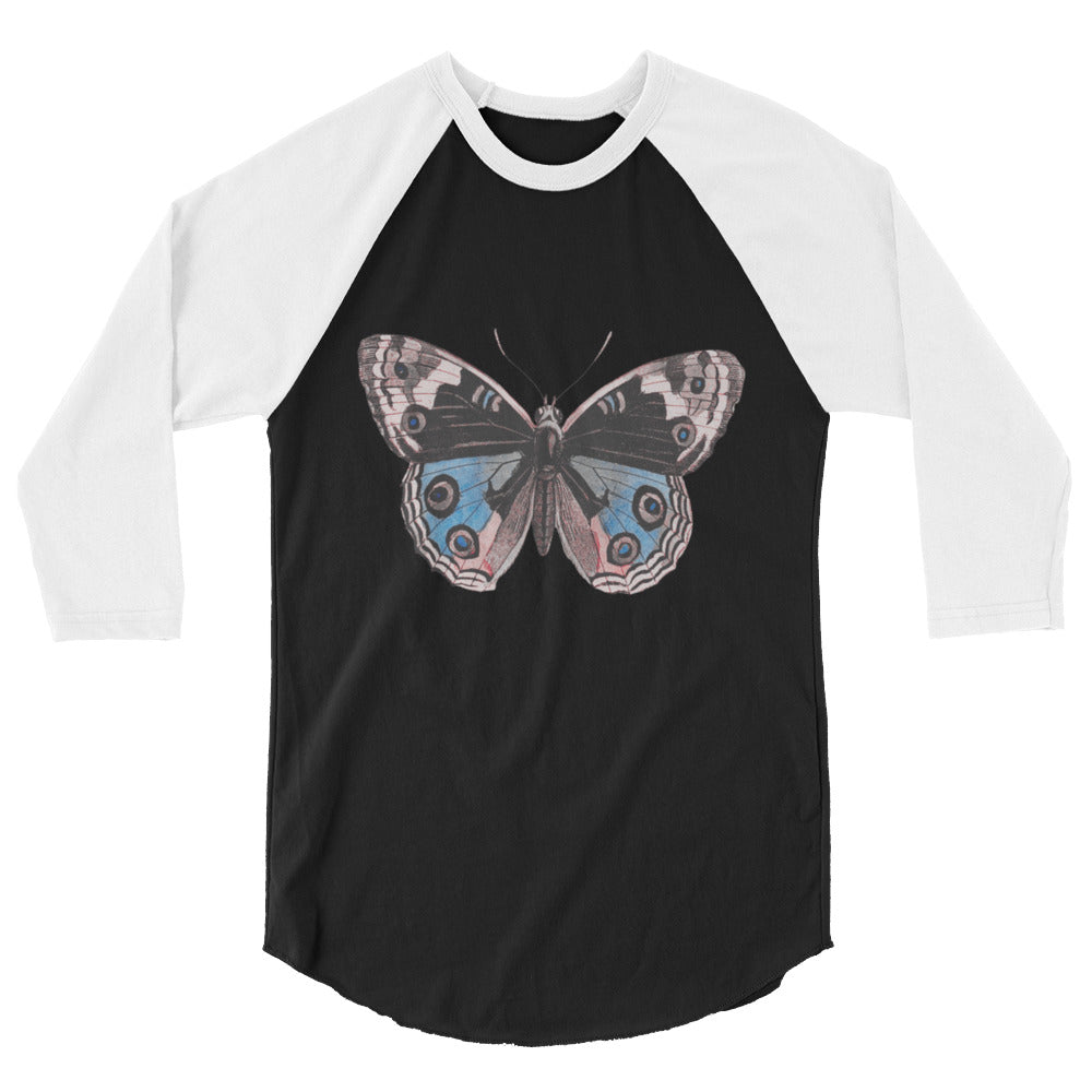 Two Owls Butterfly Black/Blue/Red 3/4 sleeve raglan shirt