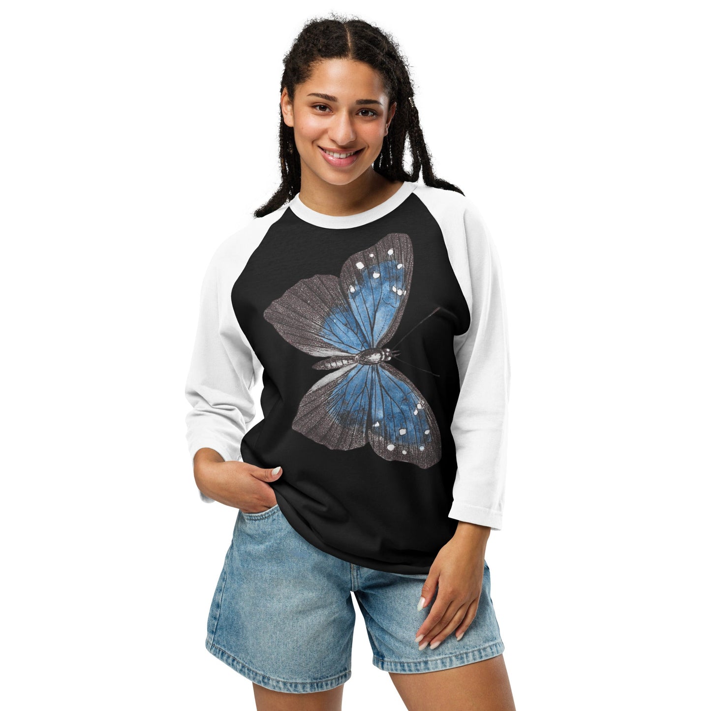 Two Owls Black/Blue Butterfly 3/4 sleeve raglan shirt