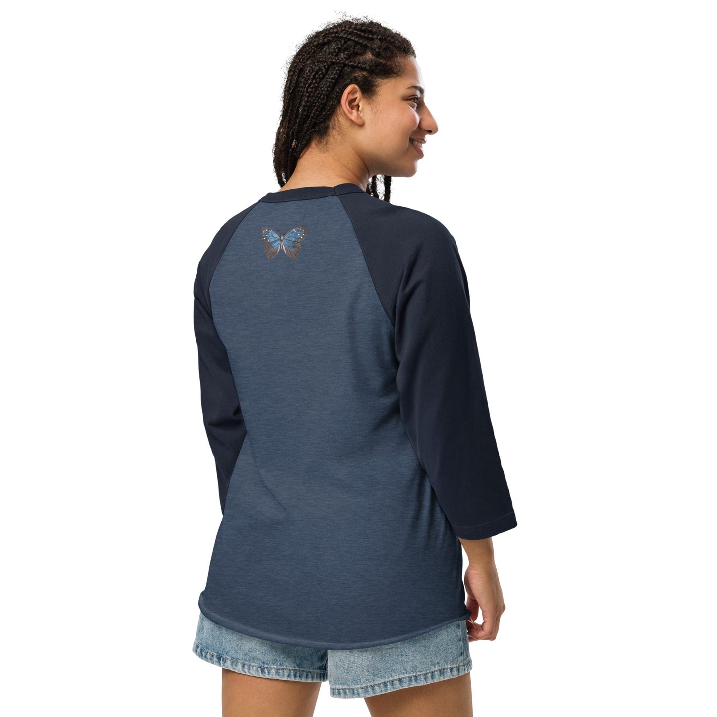 Two Owls Black/Blue Butterfly 3/4 sleeve raglan shirt