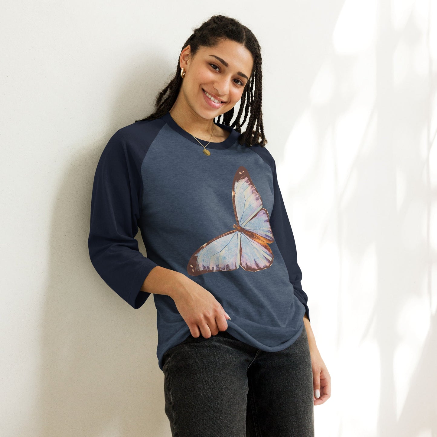 Two Owls Lt Blue Butterfly 3/4 sleeve raglan shirt