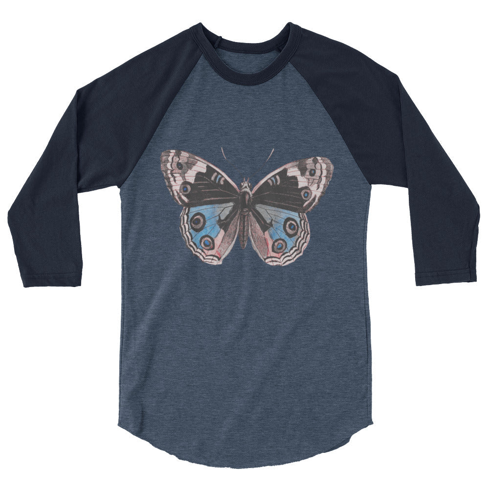 Two Owls Butterfly Black/Blue/Red 3/4 sleeve raglan shirt