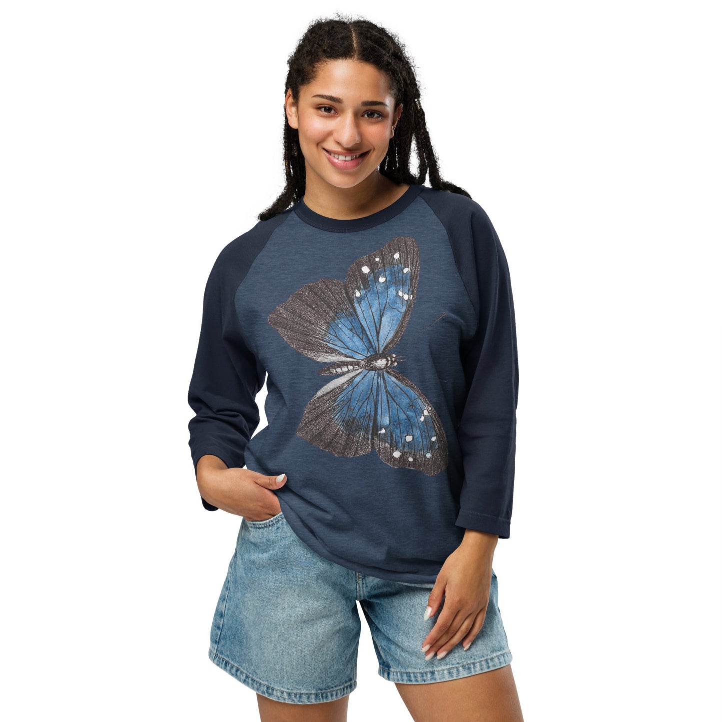 Two Owls Black/Blue Butterfly 3/4 sleeve raglan shirt