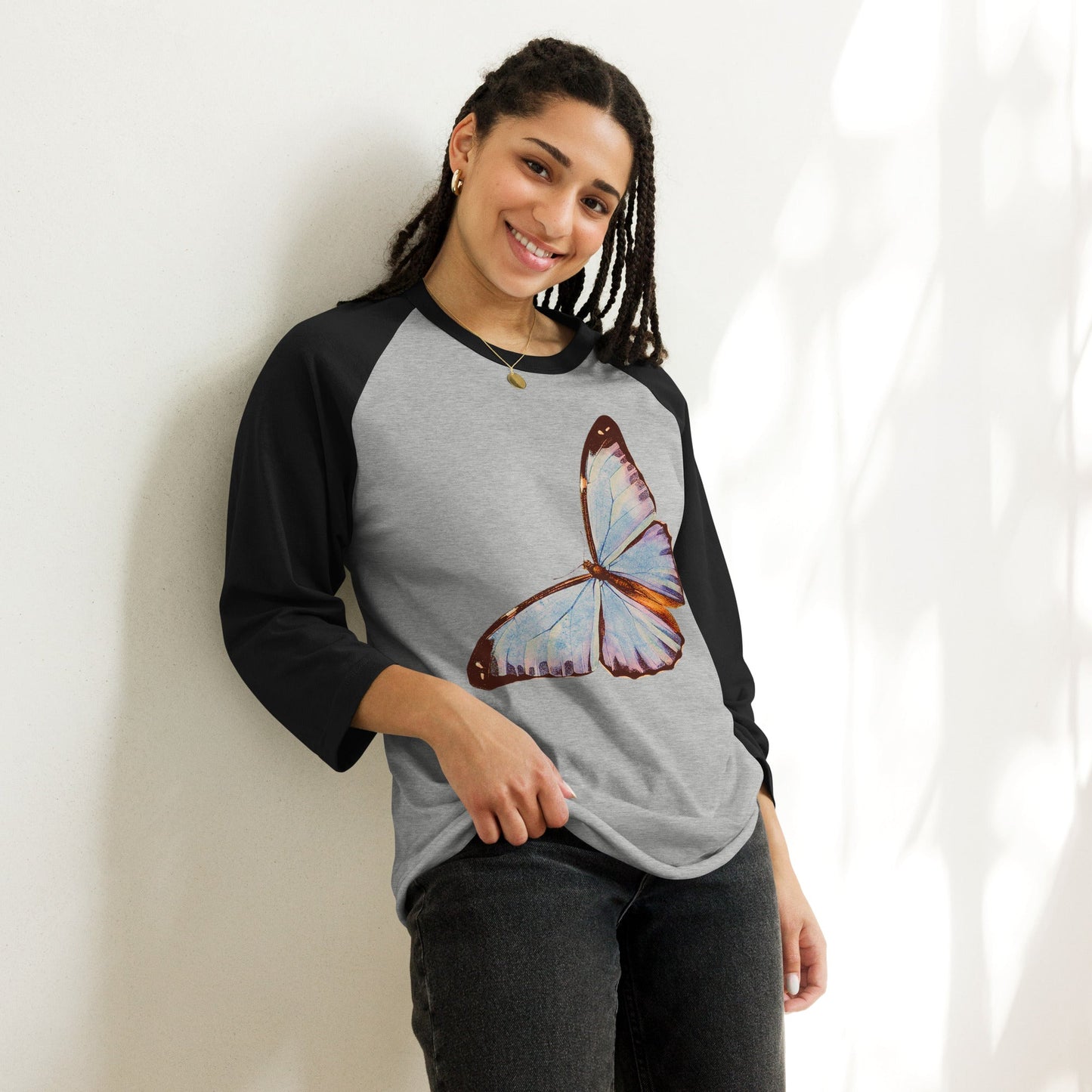 Two Owls Lt Blue Butterfly 3/4 sleeve raglan shirt