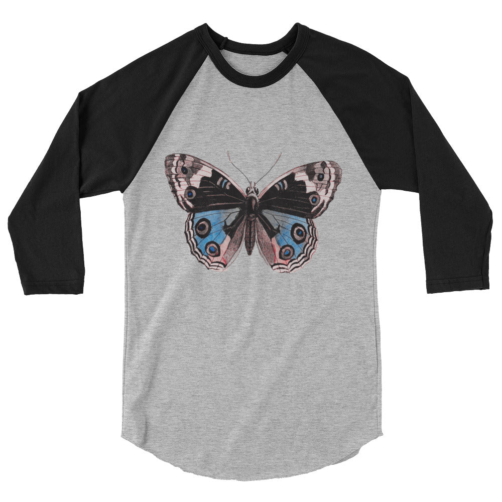Two Owls Butterfly Black/Blue/Red 3/4 sleeve raglan shirt