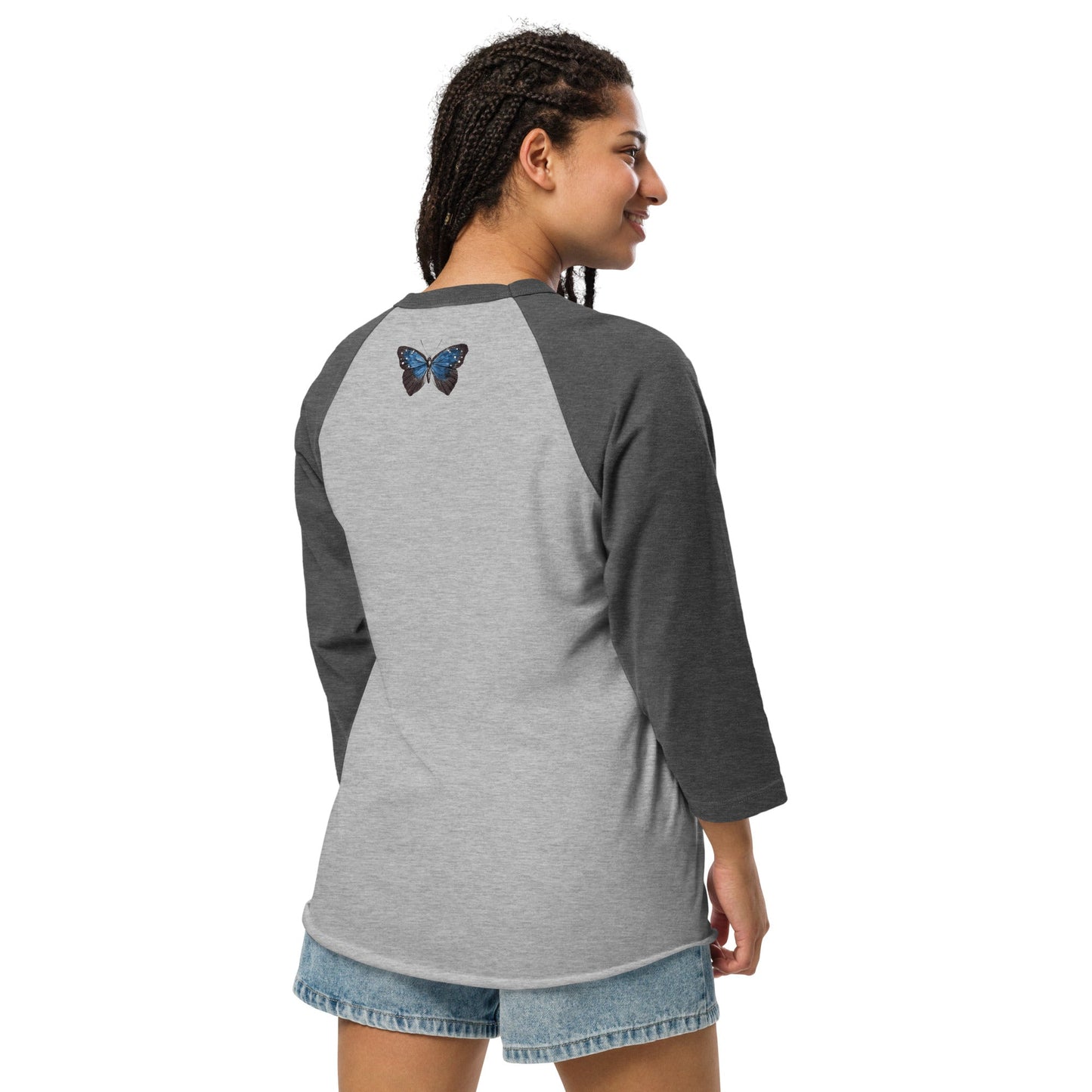 Two Owls Black/Blue Butterfly 3/4 sleeve raglan shirt