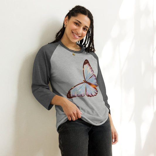Two Owls Lt Blue Butterfly 3/4 sleeve raglan shirt