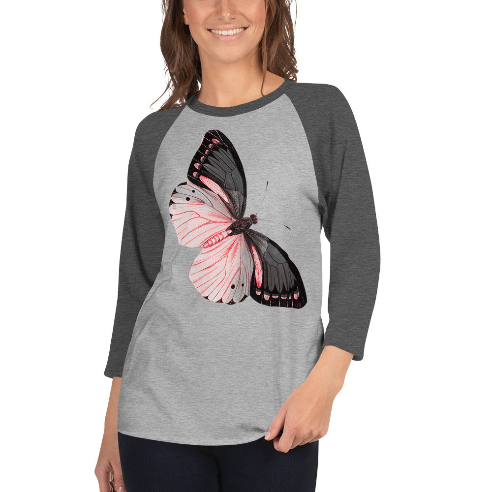 Two Owls Black/Pink Butterfly 3/4 sleeve raglan shirt