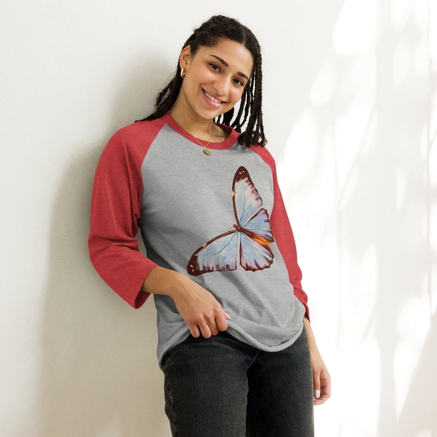 Two Owls Lt Blue Butterfly 3/4 sleeve raglan shirt
