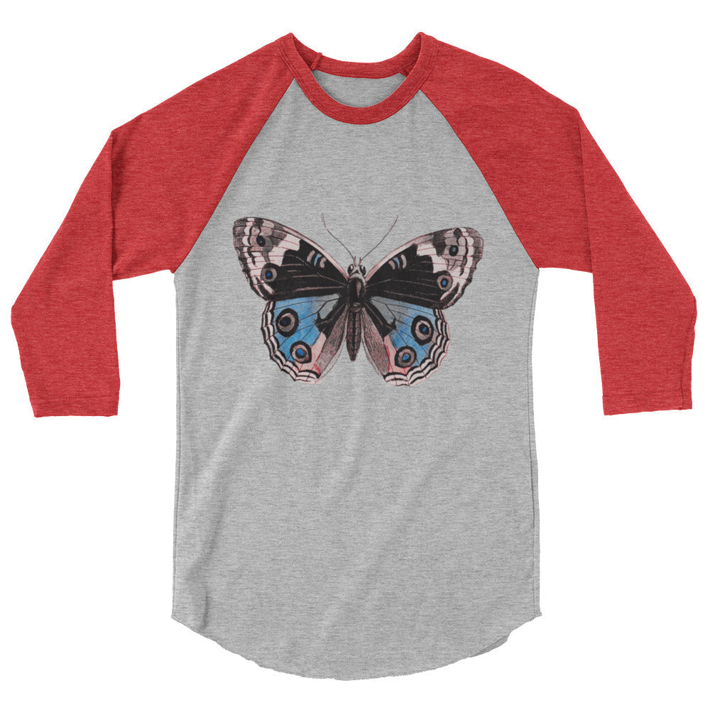 Two Owls Butterfly Black/Blue/Red 3/4 sleeve raglan shirt