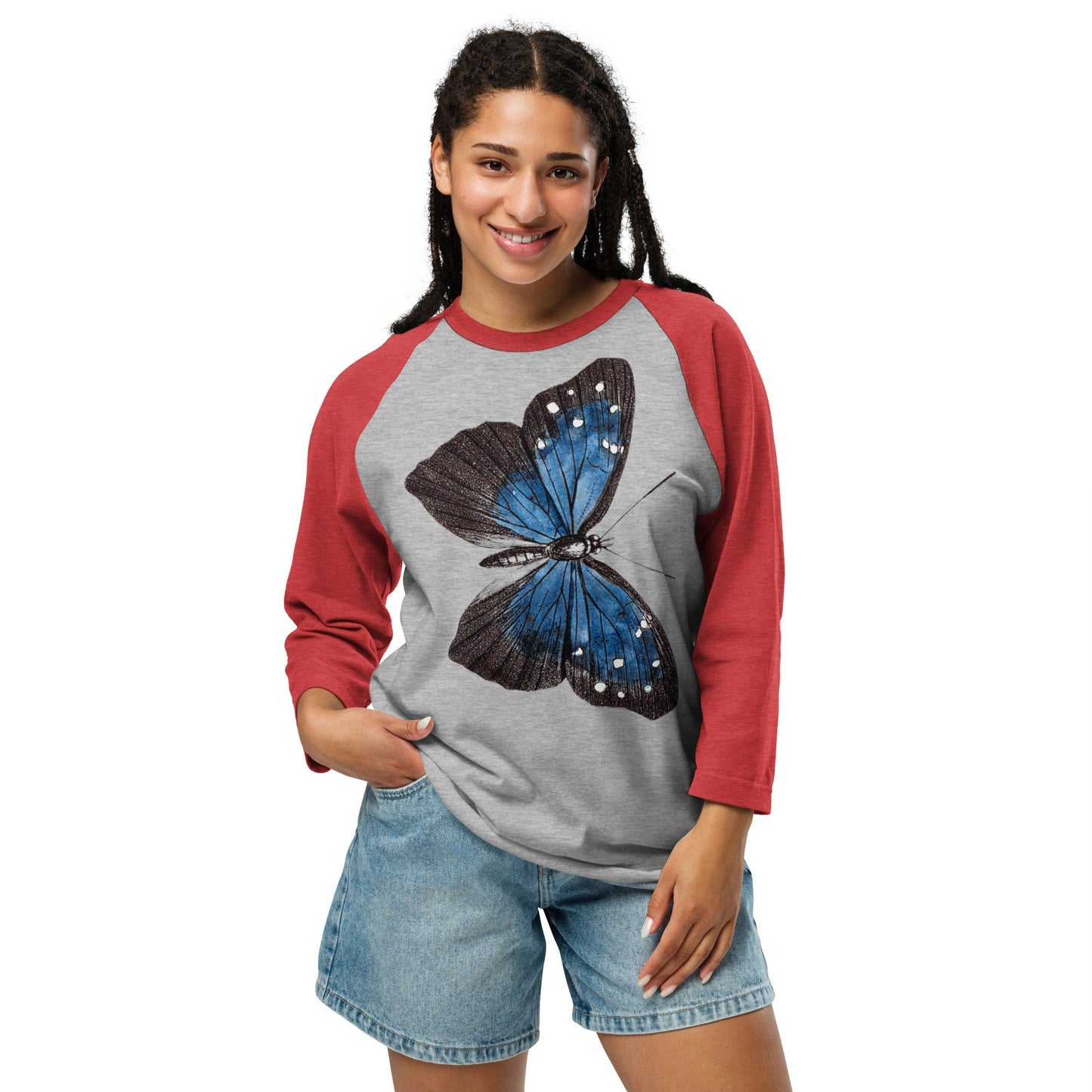 Two Owls Black/Blue Butterfly 3/4 sleeve raglan shirt