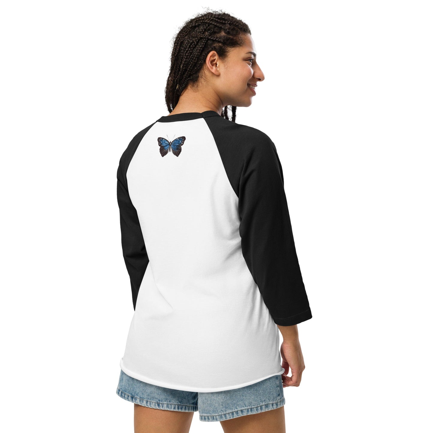 Two Owls Black/Blue Butterfly 3/4 sleeve raglan shirt