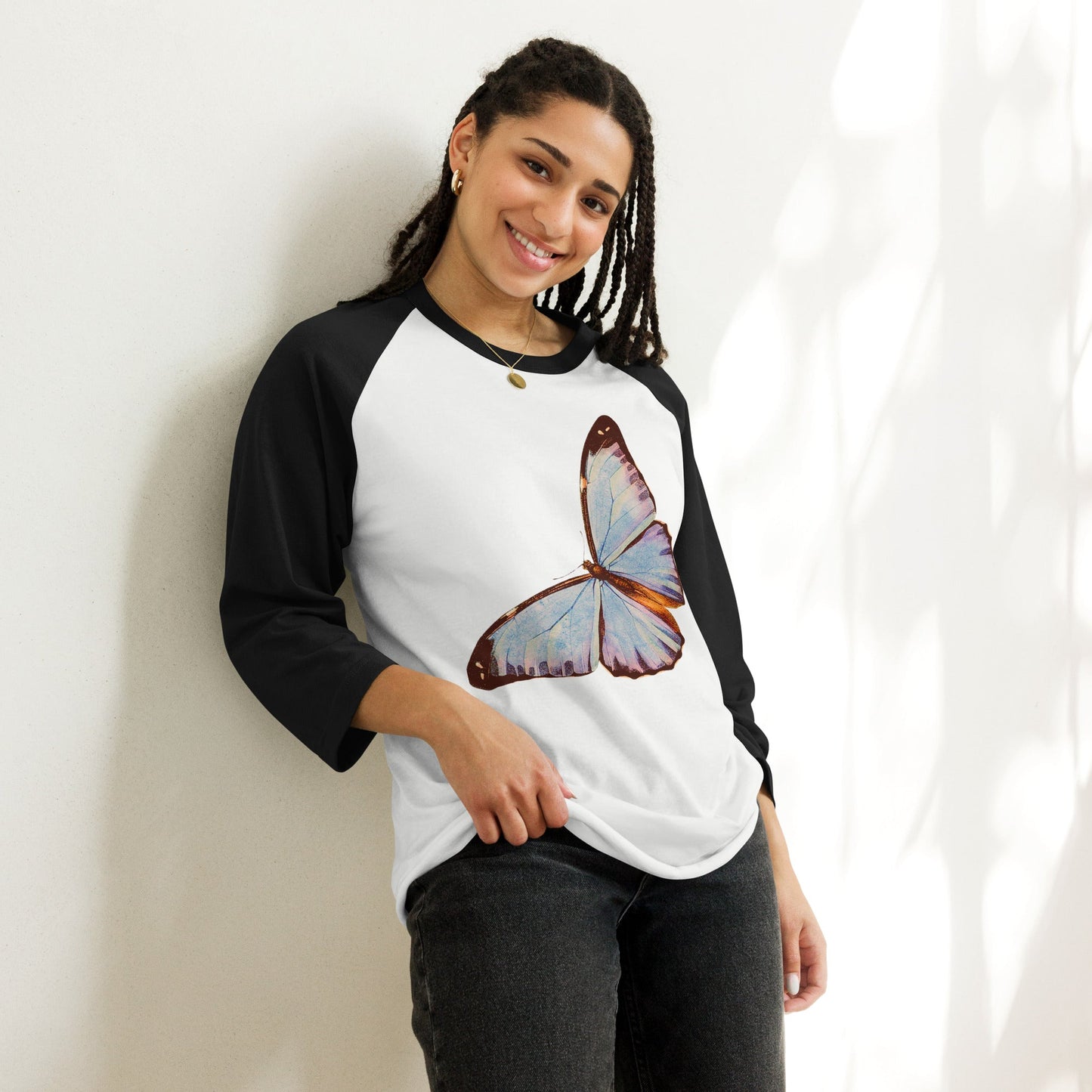 Two Owls Lt Blue Butterfly 3/4 sleeve raglan shirt