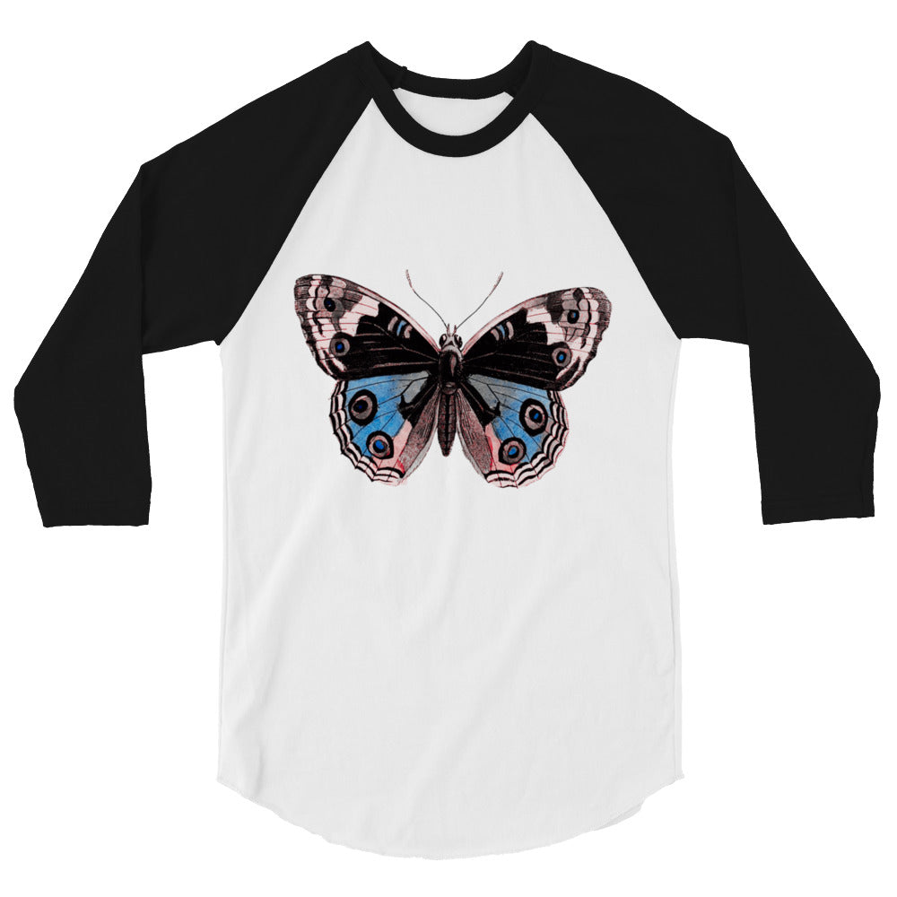 Two Owls Butterfly Black/Blue/Red 3/4 sleeve raglan shirt