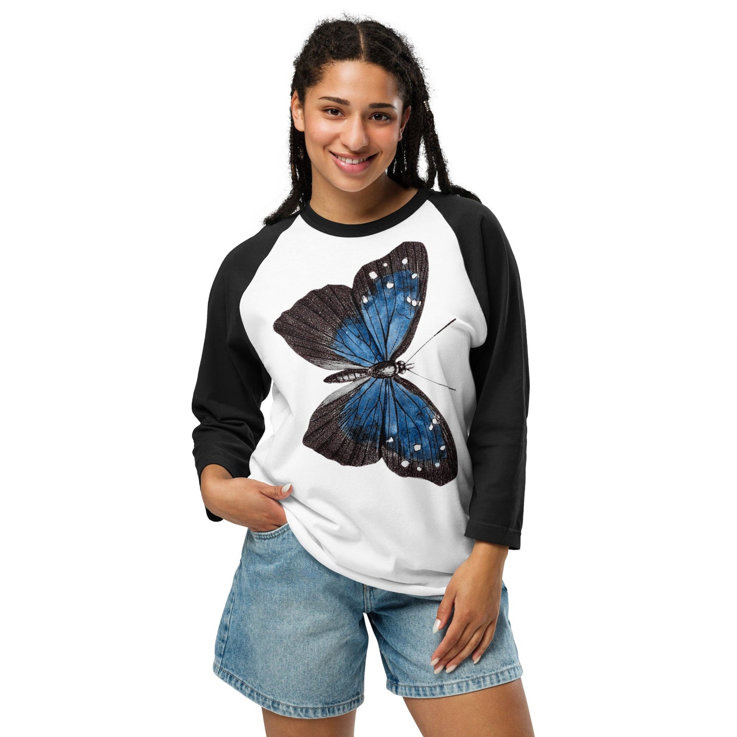 Two Owls Black/Blue Butterfly 3/4 sleeve raglan shirt
