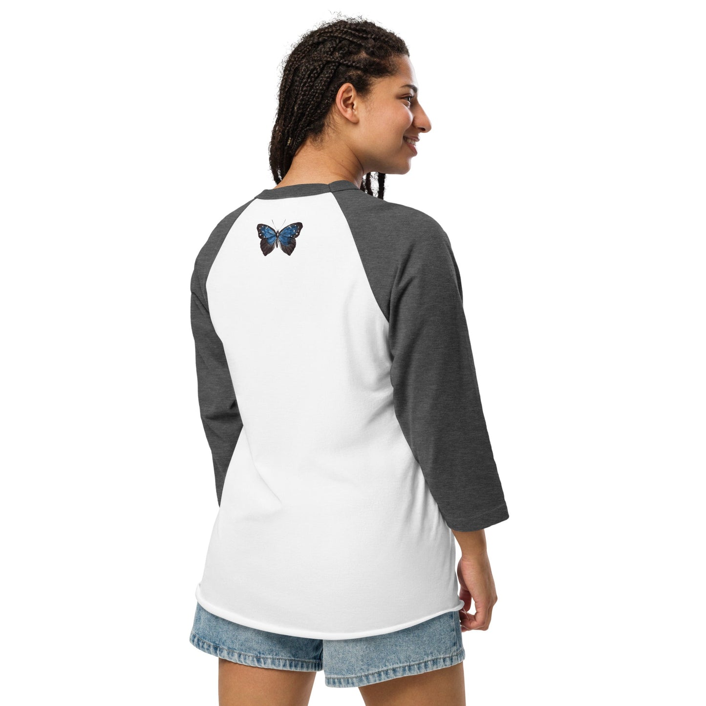 Two Owls Black/Blue Butterfly 3/4 sleeve raglan shirt