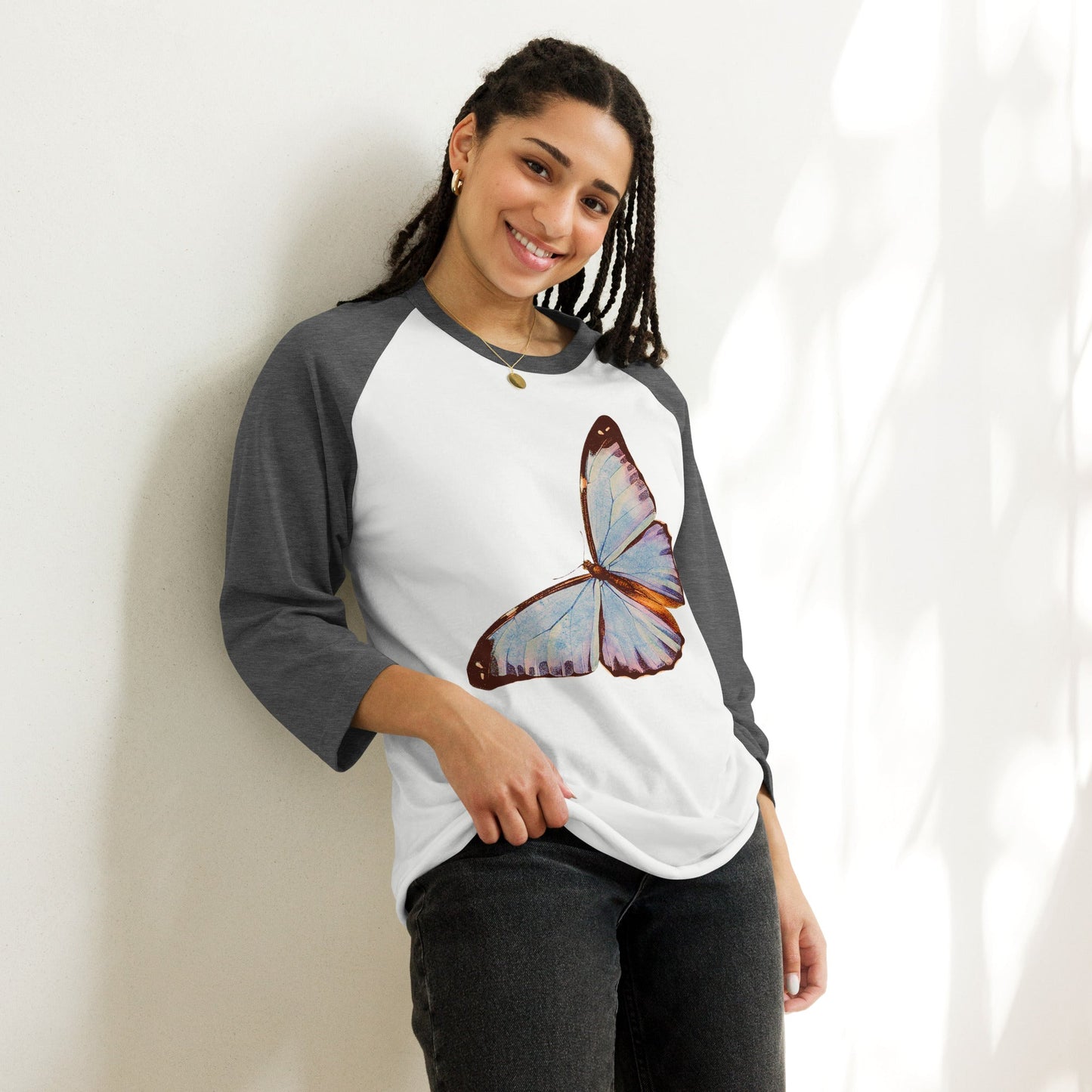 Two Owls Lt Blue Butterfly 3/4 sleeve raglan shirt