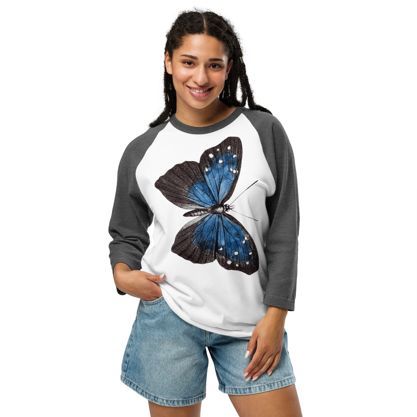 Two Owls Black/Blue Butterfly 3/4 sleeve raglan shirt