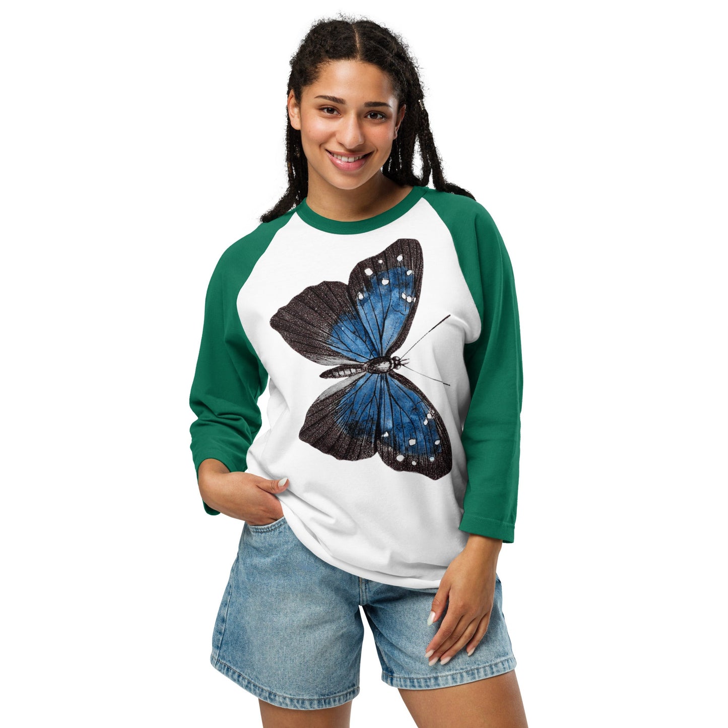Two Owls Black/Blue Butterfly 3/4 sleeve raglan shirt