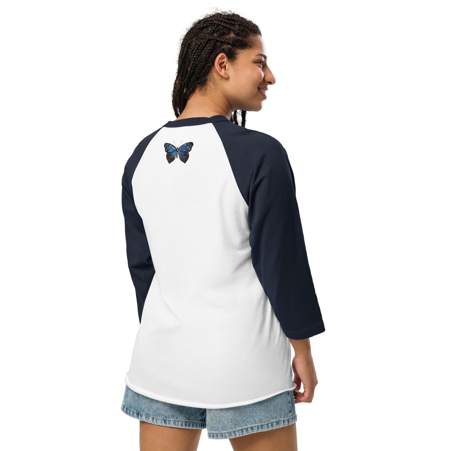 Two Owls Black/Blue Butterfly 3/4 sleeve raglan shirt