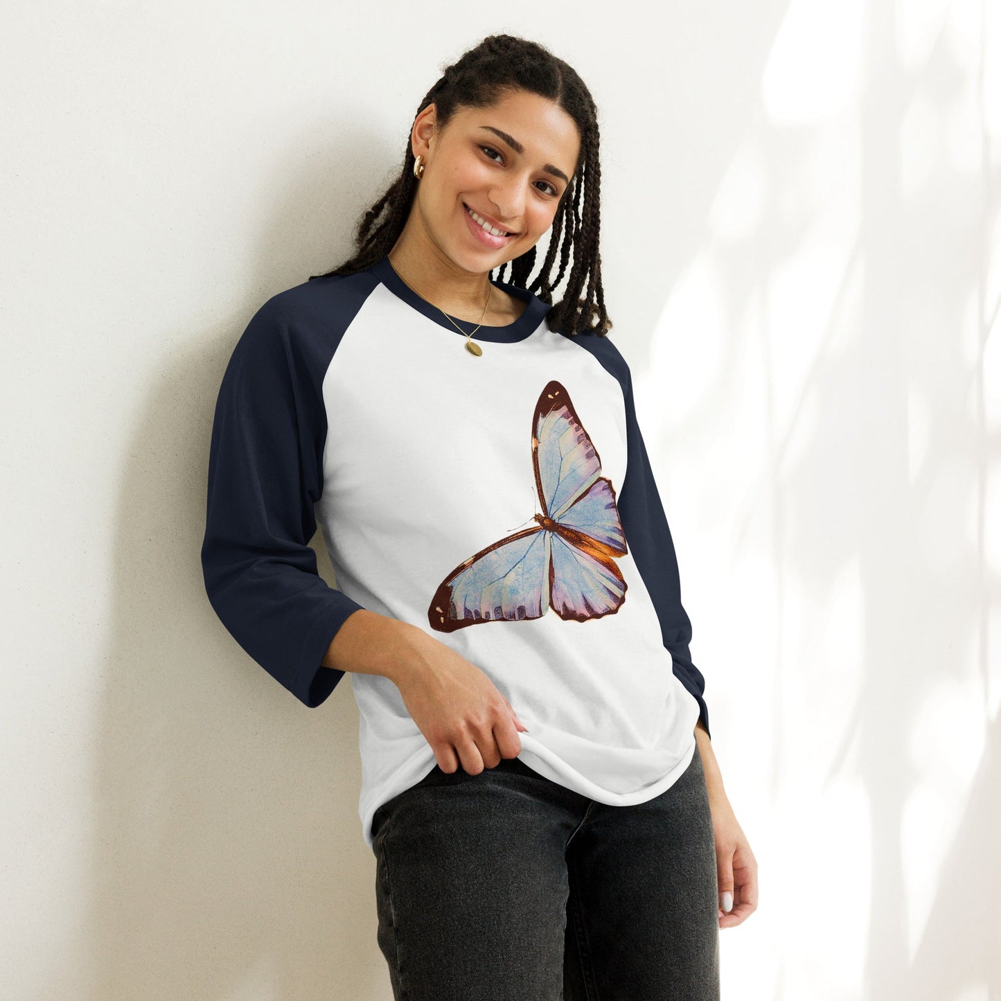 Two Owls Lt Blue Butterfly 3/4 sleeve raglan shirt