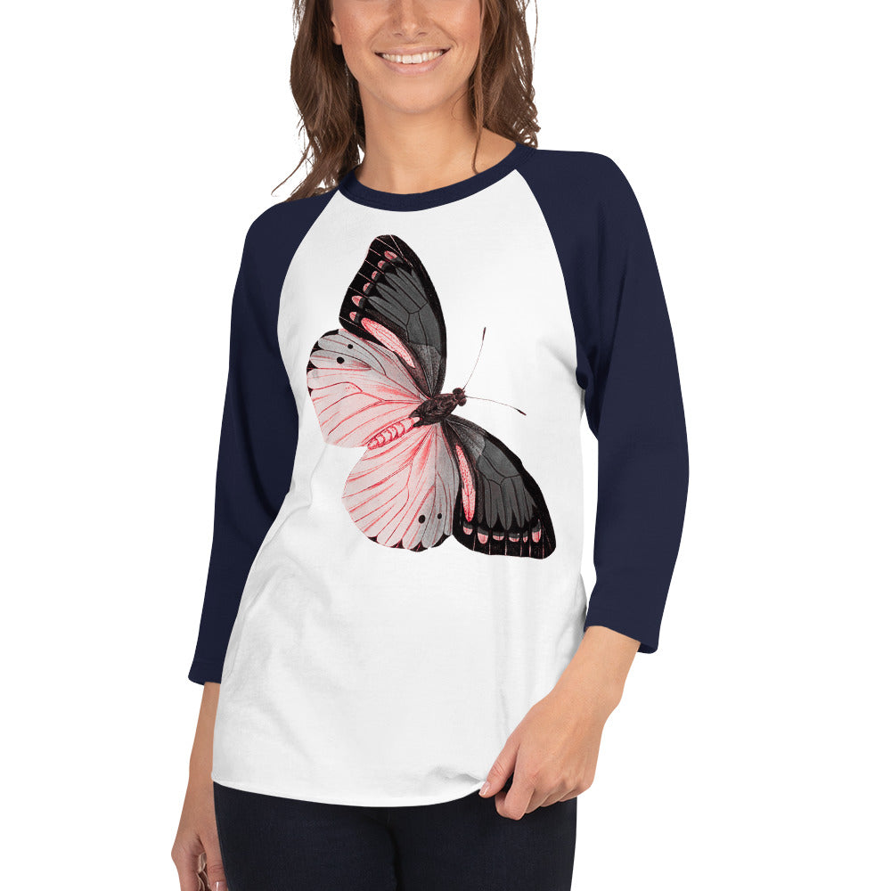 Two Owls Black/Pink Butterfly 3/4 sleeve raglan shirt