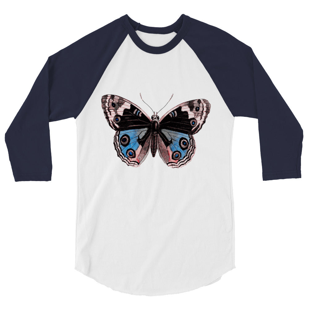Two Owls Butterfly Black/Blue/Red 3/4 sleeve raglan shirt