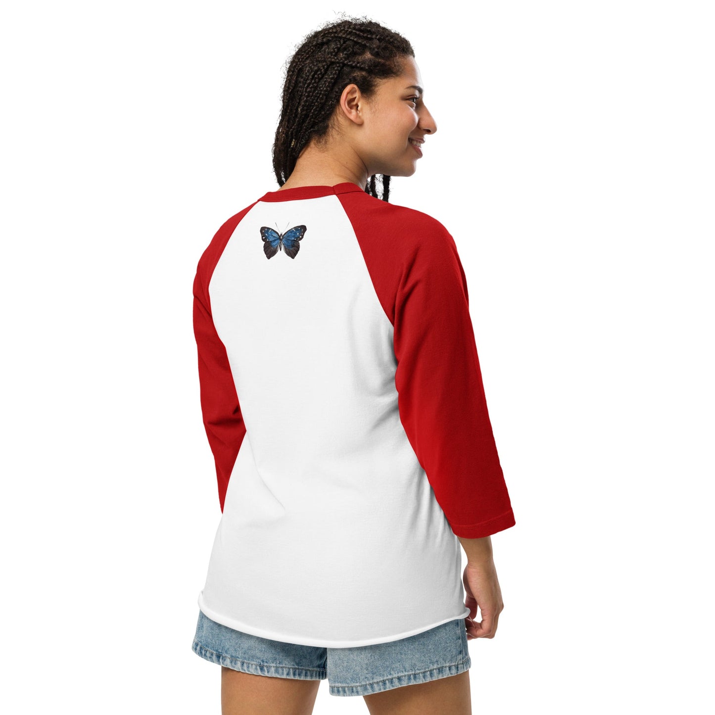 Two Owls Black/Blue Butterfly 3/4 sleeve raglan shirt