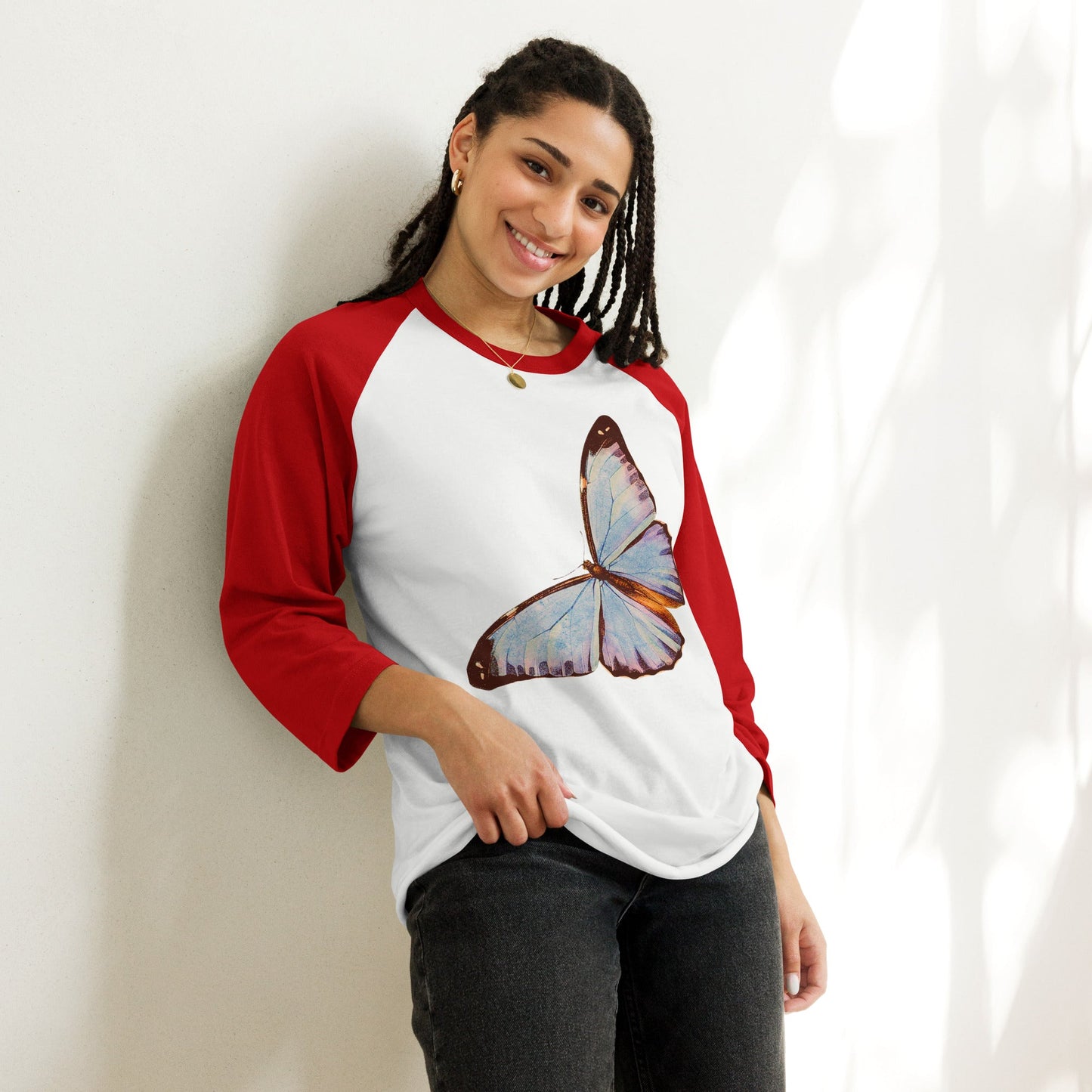 Two Owls Lt Blue Butterfly 3/4 sleeve raglan shirt