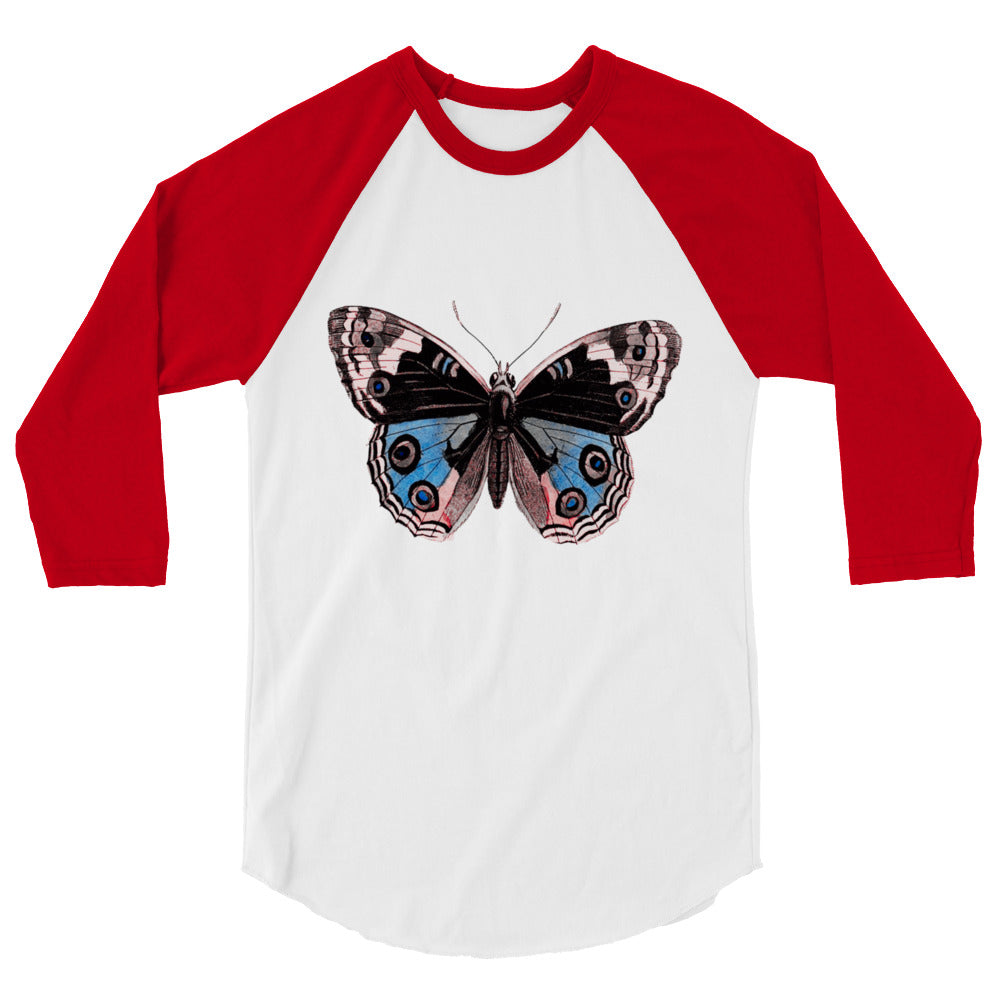 Two Owls Butterfly Black/Blue/Red 3/4 sleeve raglan shirt