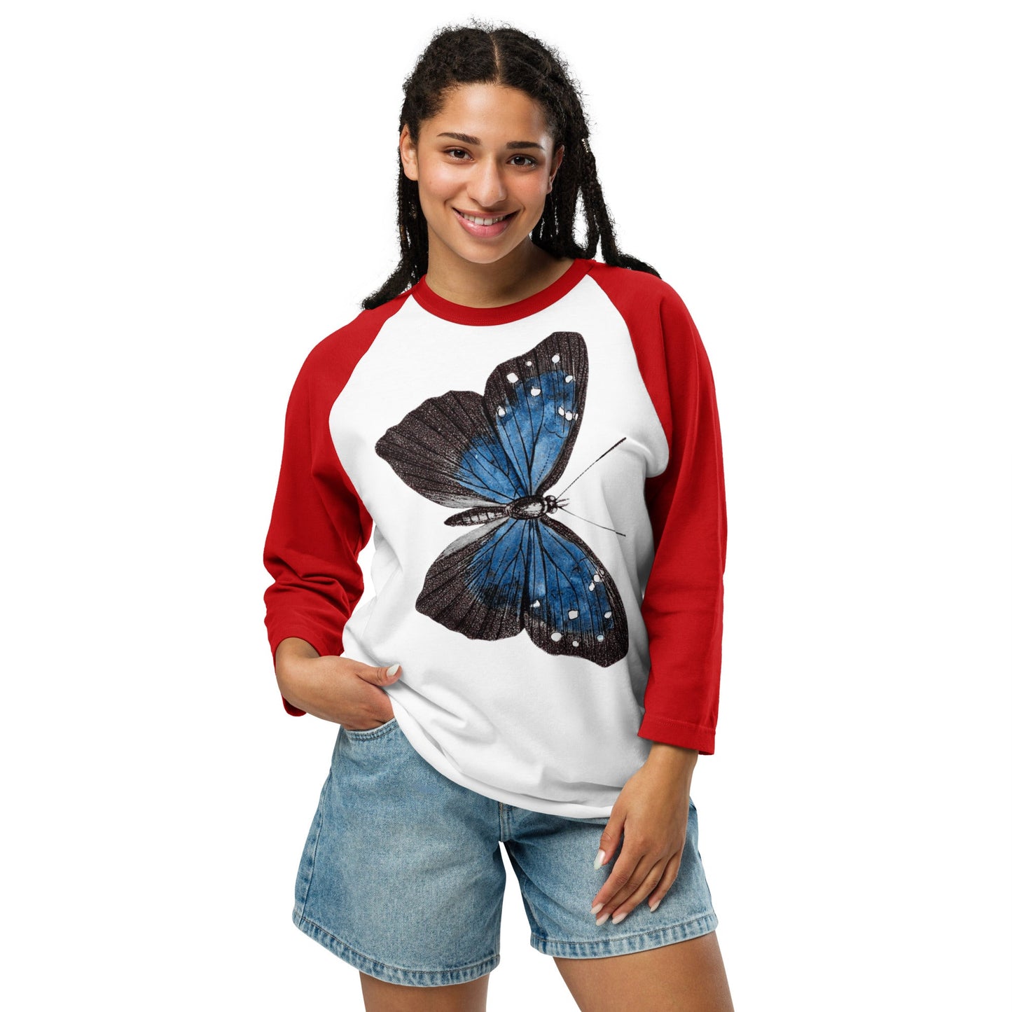 Two Owls Black/Blue Butterfly 3/4 sleeve raglan shirt