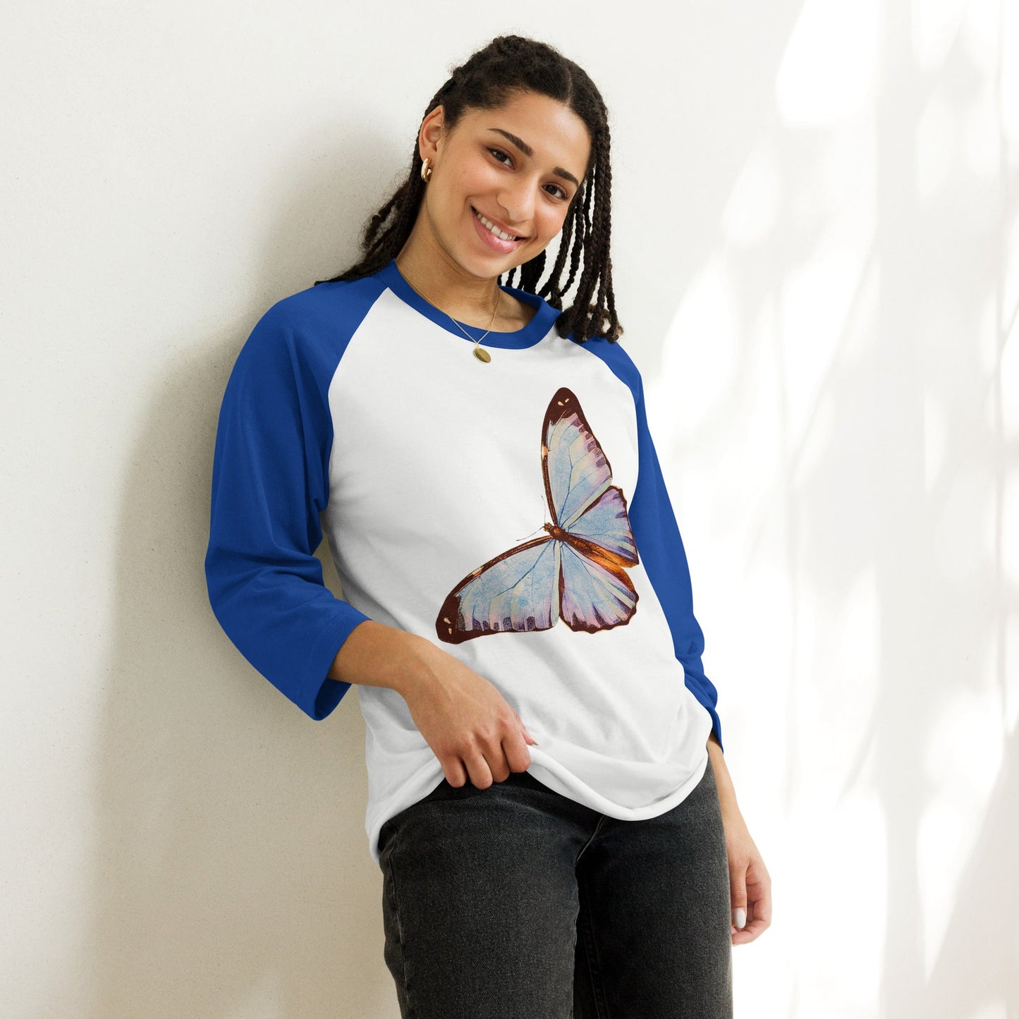 Two Owls Lt Blue Butterfly 3/4 sleeve raglan shirt