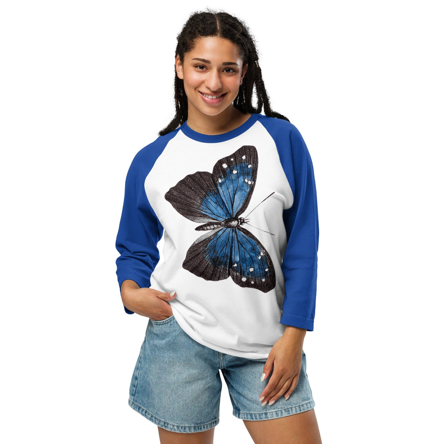 Two Owls Black/Blue Butterfly 3/4 sleeve raglan shirt