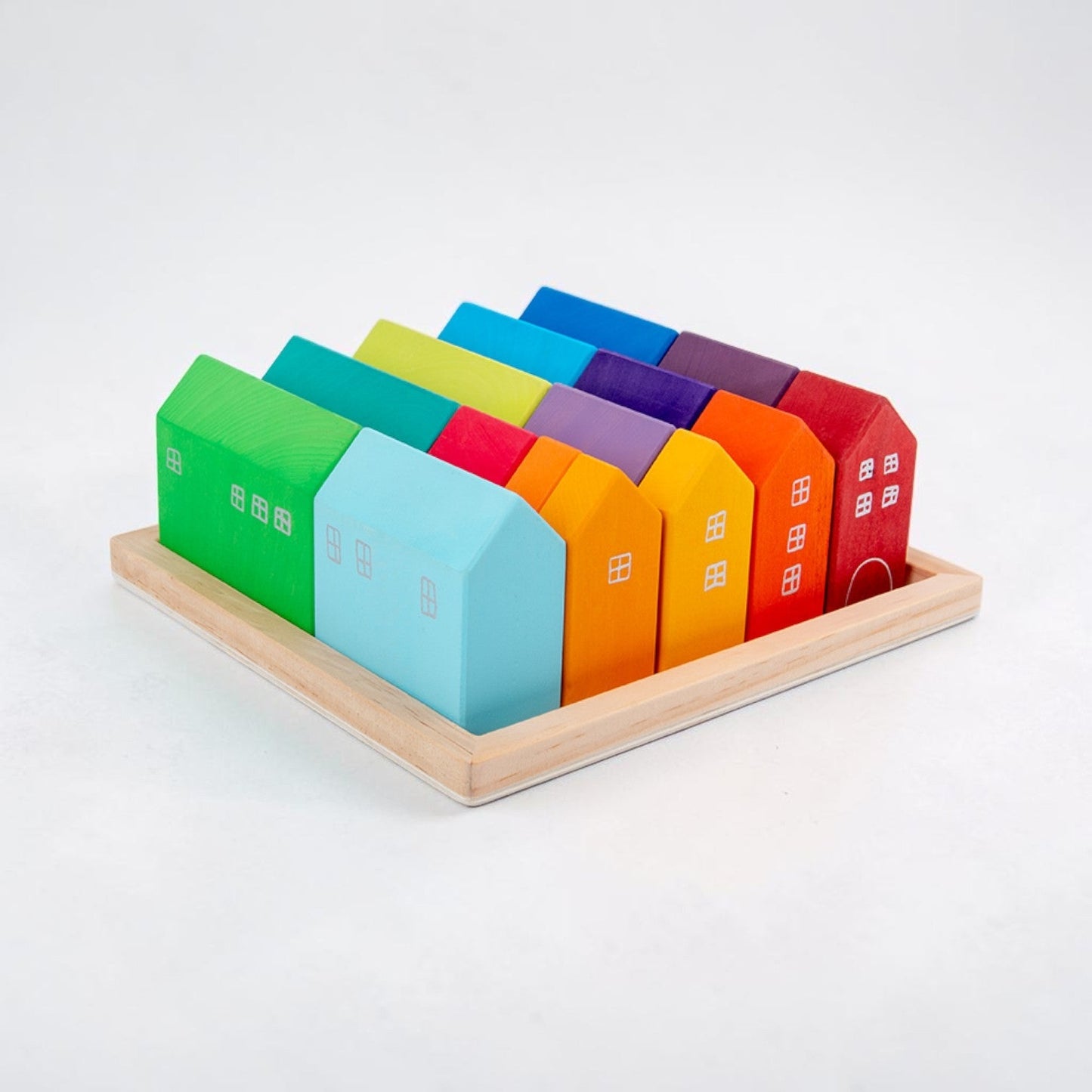 15-Piece Stained Little Village Wooden House Building Blocks Se