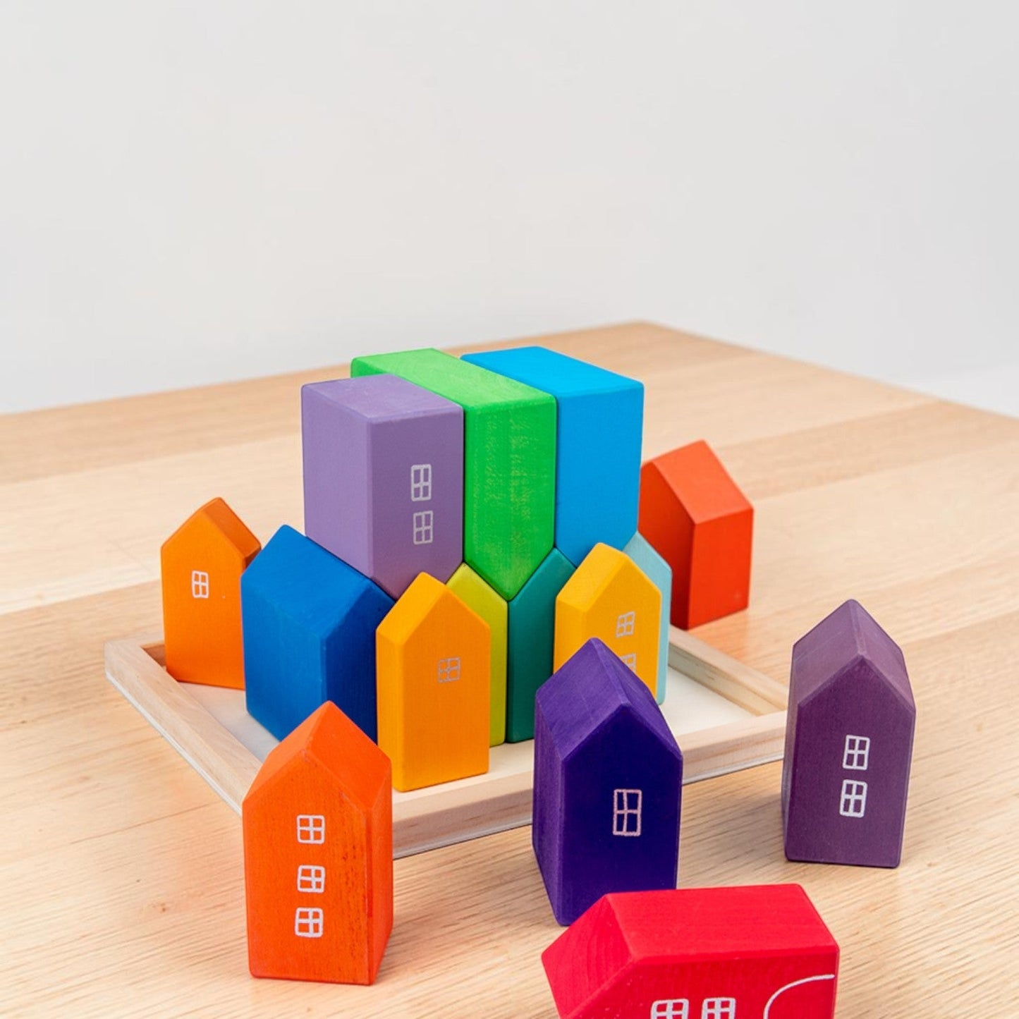 15-Piece Stained Little Village Wooden House Building Blocks Se