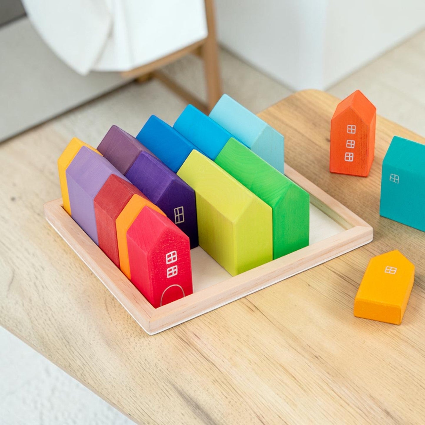 15-Piece Stained Little Village Wooden House Building Blocks Se