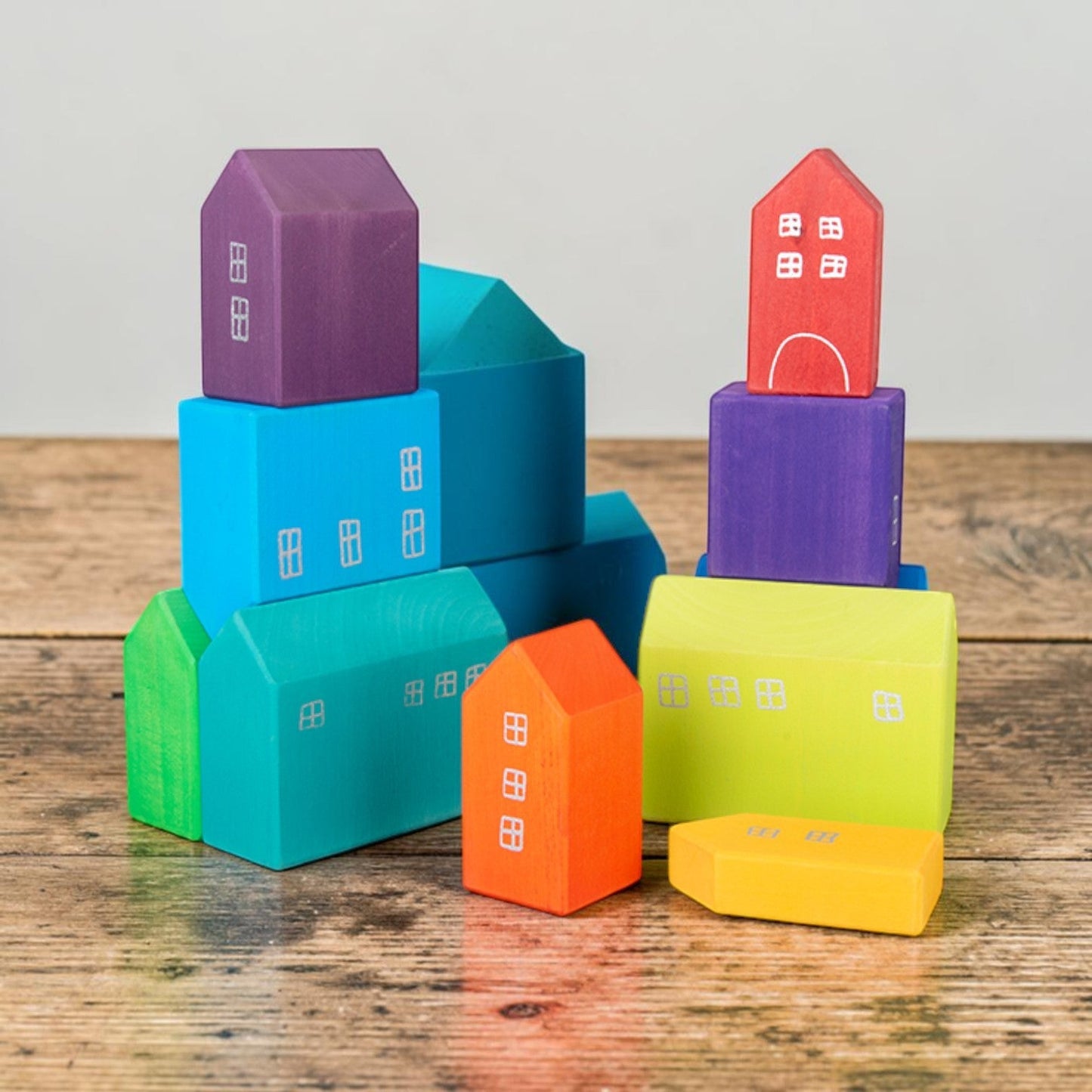 15-Piece Stained Little Village Wooden House Building Blocks Se